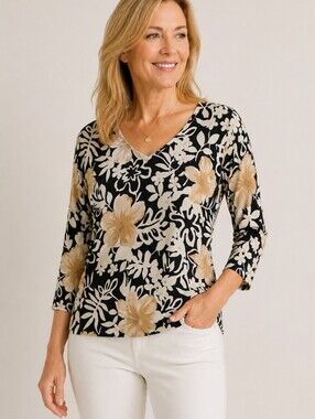 CC Hughes Silk Tropical Floral Top Medium Black Beige V-Neck Resort Boho